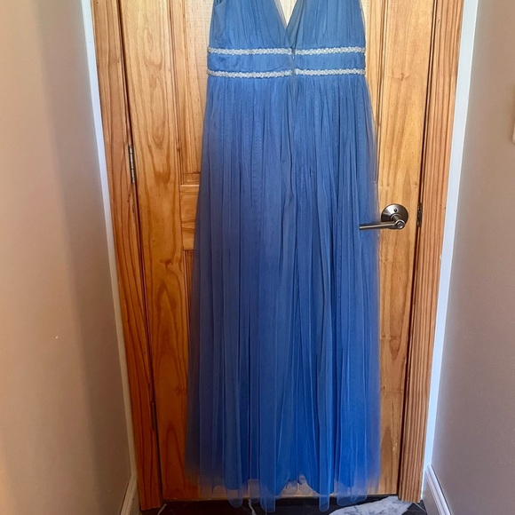 V Neck and Back Slate Blue Beaded Tulle Dress - Picture 2 of 5